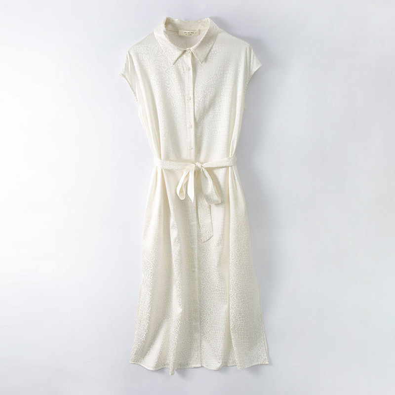 6a桑蚕丝长裙收腰女显瘦真丝白色提花连衣裙衬衫裙短袖a字裙落肩