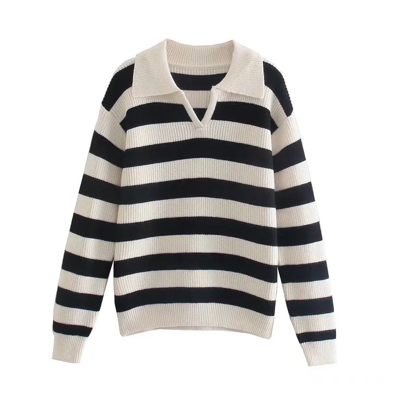 欧美风经典黑白条纹翻领套头毛衣冬季宽松粗毛线长袖针织保暖毛衫