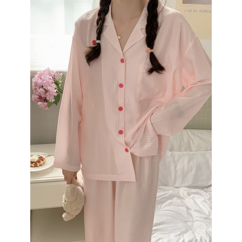 韩国ins外贸女士新款韩系甜美小姐姐条纹长袖长裤家居服睡衣套装