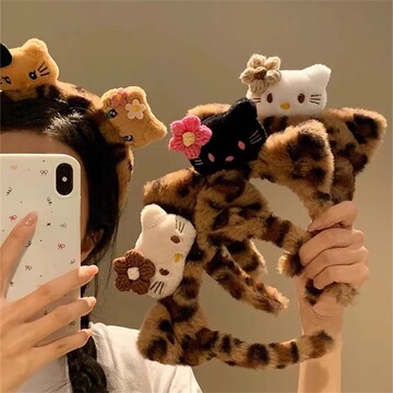 黑皮kitty猫耳朵豹纹可爱猫咪酱毛绒发箍女洗脸化妆头箍卡通发饰