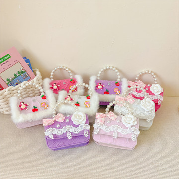 批发女童公主包包韩版珍珠毛毛手提包小香风单肩斜挎包配饰零钱包