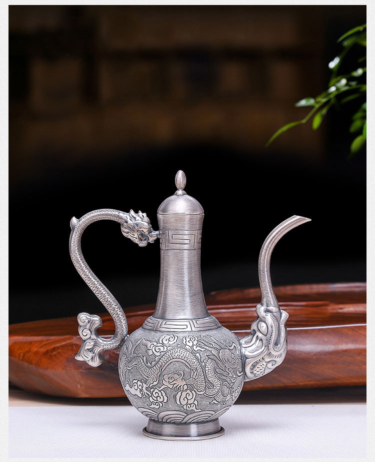 银酒壶999纯银家用 双龙纯手工仿古中式白酒壶银酒具古风银器