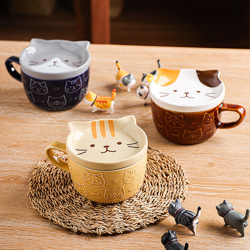 Japanese Cartoon Cat Ceramic Mug Coffee Cup with Cover Creative Household Tableware for Couple Breakfast Milk Cup Water Cup