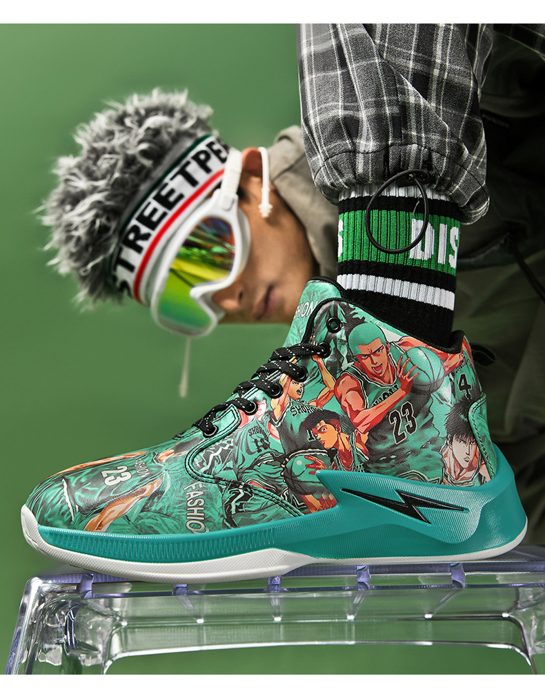 灌篮高手动漫手绘涂鸦皮面篮球鞋男女学生时尚潮中大童运动鞋批发