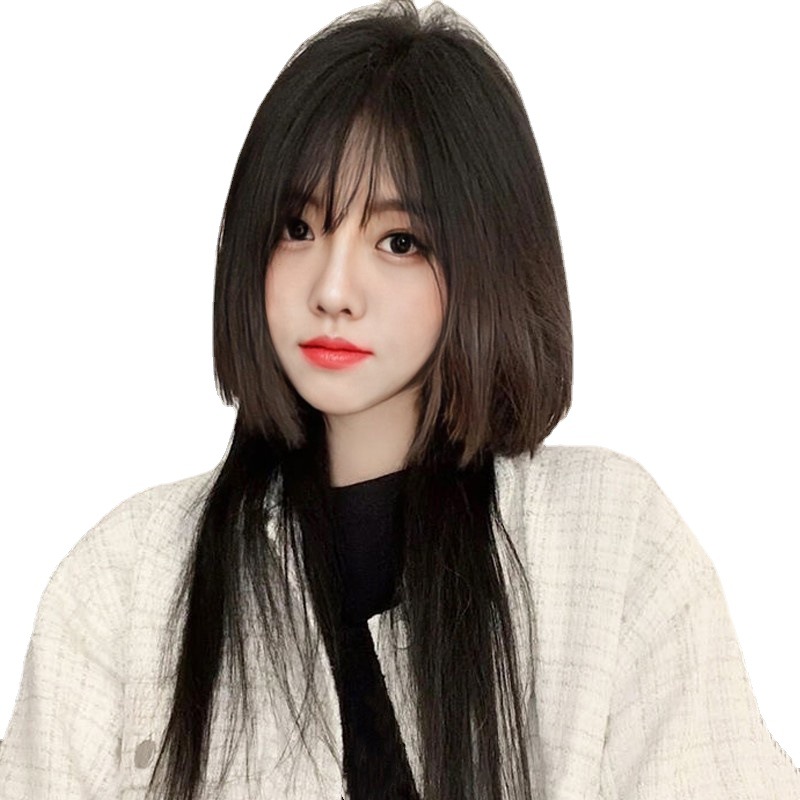 水母头假发女长直发全头套直播带货仿真发丝齐刘海公主切假发现货