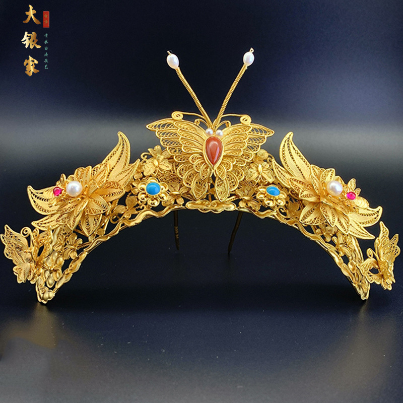 【蜂蝶传说】花丝镶嵌掐丝足银镀金复古发冠秀禾汉服中式婚礼发饰
