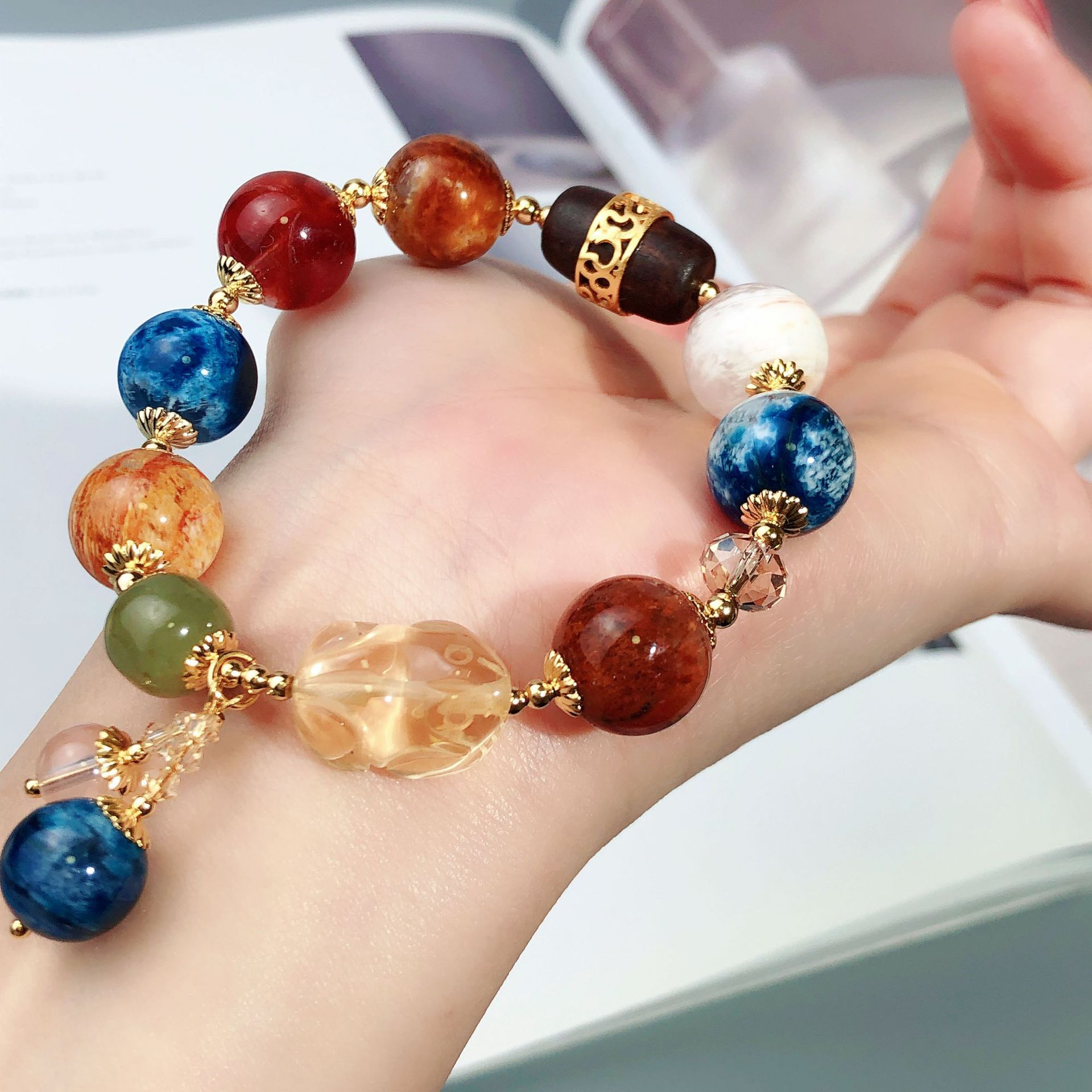 彩色雪花幽灵石手链单圈黄水晶和田玉桶珠奥地利水晶手串手工饰品