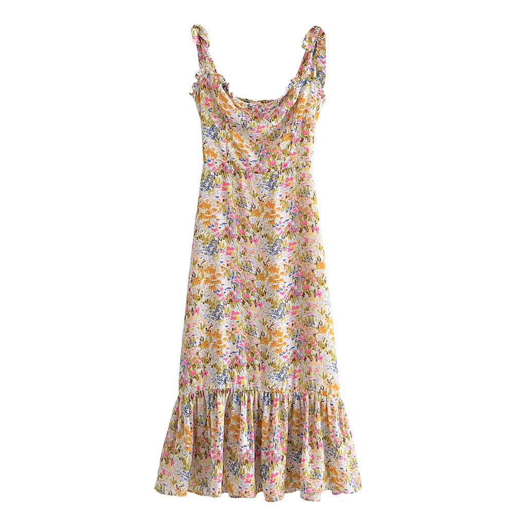 外贸批发春季新款欧美风法式复古小碎花修身显瘦大裙摆背带连衣裙