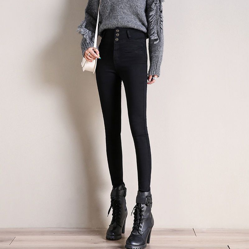 冬天女士保暖贴身长裤子超高腰加绒加绒牛仔裤女加大码弹力铅笔裤