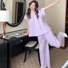 甜美熏香紫可爱少女纯色睡衣女夏天短袖长裤新款可外穿家居服套装