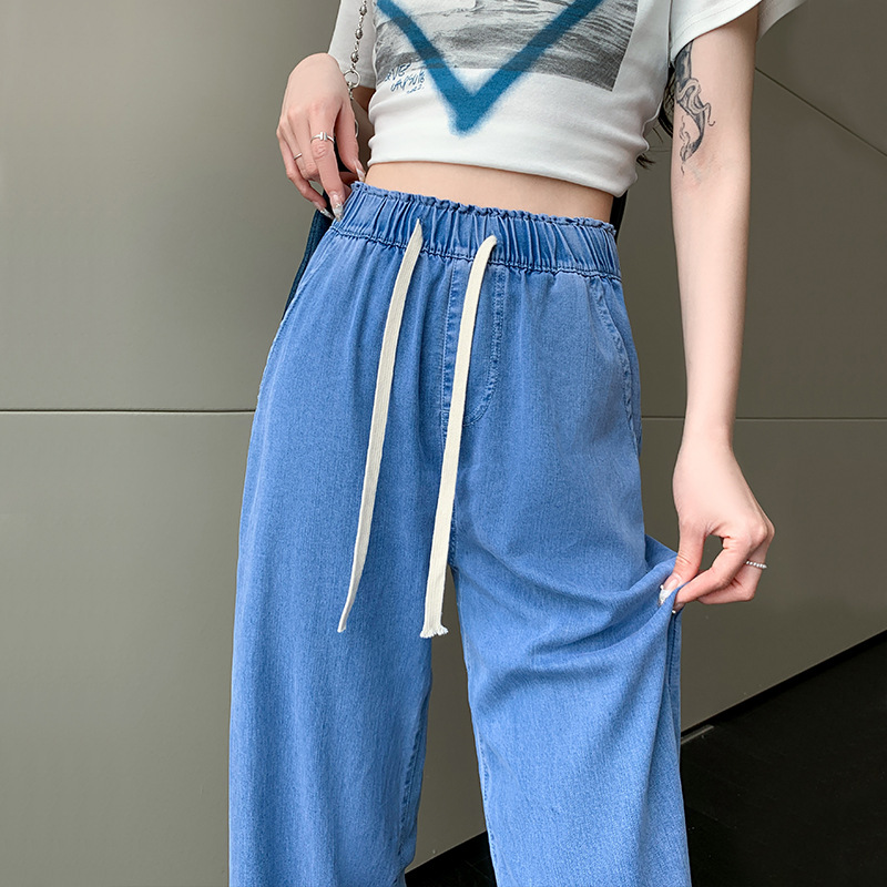 tencel jeans for women summer loose straight elastic waist draping thin casual wide leg pants straight pants