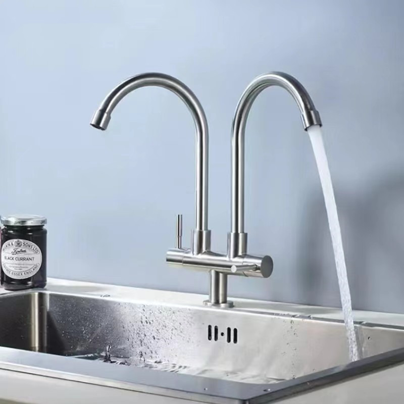 304不锈钢入墙单冷水龙头厨房水槽洗菜盆双管双出双开可旋转龙头