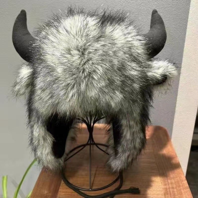 牛角毛毛男女保暖护耳可爱东北防风骑车儿童男士牛头帽牛魔王男帽