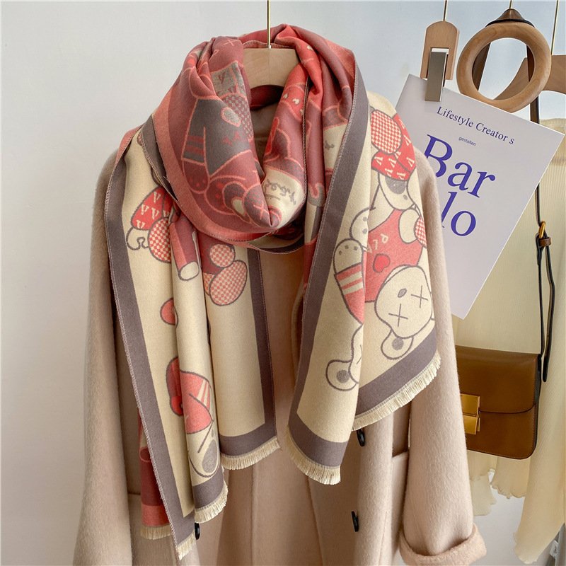 Cute Cartoon Bear Scarf for Women Winter 2022 New Artificial Cashmere Scarf Factory Stall Wholesale Thickened Shawl