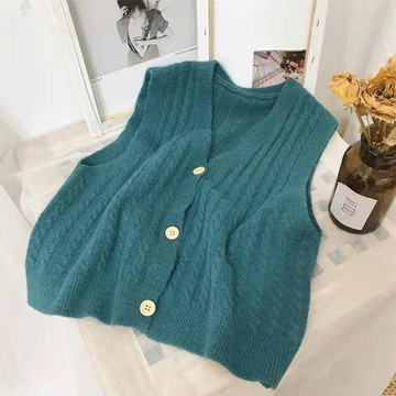 春季新款纯色v领针织衫开衫马甲女短款韩范复古外搭坎肩毛线背心