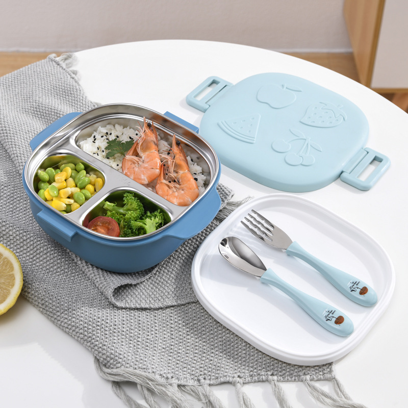 Children‘s Water Injection Thermal Insulation Plate Stainless Steel Compartment Tray Removable and Washable Baby Food Supplement Lunch Box Spoon Baby Tableware Wholesale