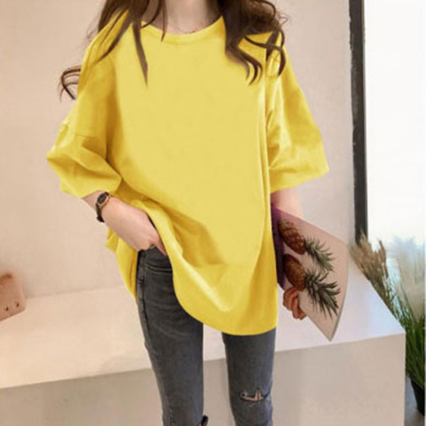 Solid Color T-shirt Women's Short Sleeve Korean Style Loose Large Size Slimming Plump Girls Mid-Length Student Half Sleeve Large Version Top Clothes Summer