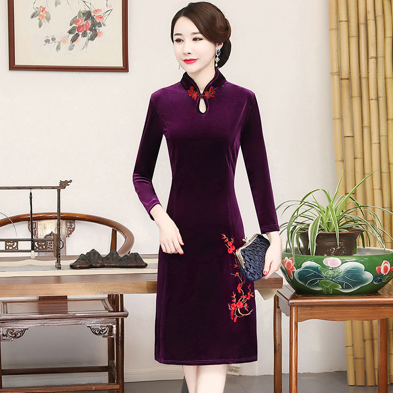 旗袍女连衣裙中长款秋季改良2020年新款妈妈旗袍裙秋款气质