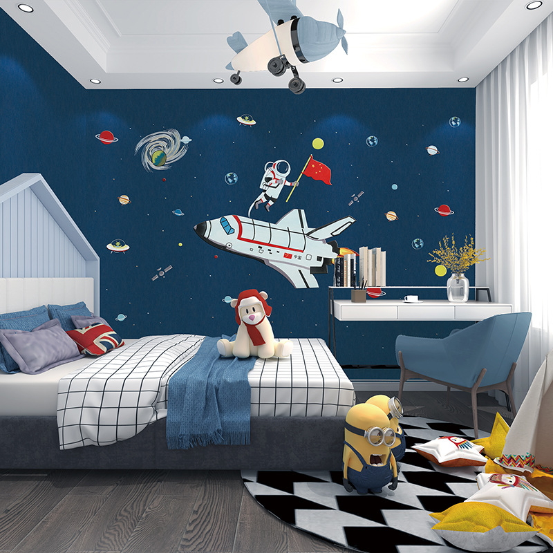 卧室主卧轻奢儿童房间独秀背景墙墙布刺绣高端男孩女孩风壁布温馨