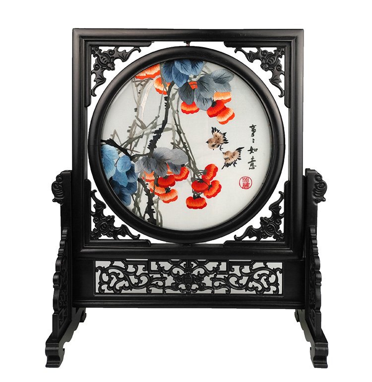 紫金湘绣双面绣刺绣摆件成品紫檀木手工绣花装饰摆台商务出国送礼