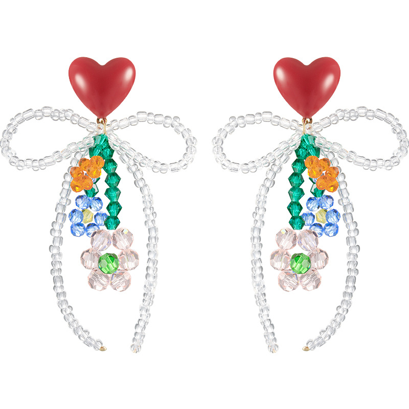 Spring and Summer Personalized Earrings Red Love Silver Stud Earrings Glass Crystal Bow Ear Clip Beaded Tassel Earrings Women