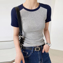 洋气拼接短袖T恤女夏设计感2024新款修身上衣复古螺纹优棉打底衫
