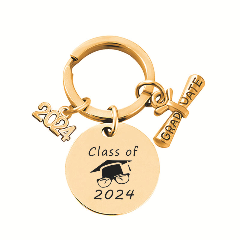 Keychain Pendant Stainless Steel round Europe and America Cross Border 2024 Graduation Season Gift Gift Lettering Metal Keychains