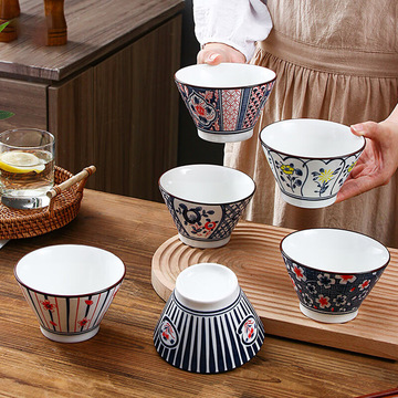 高颜值5英寸斗笠碗日式和风高脚斗笠碗釉下彩陶瓷碗创意家用饭碗