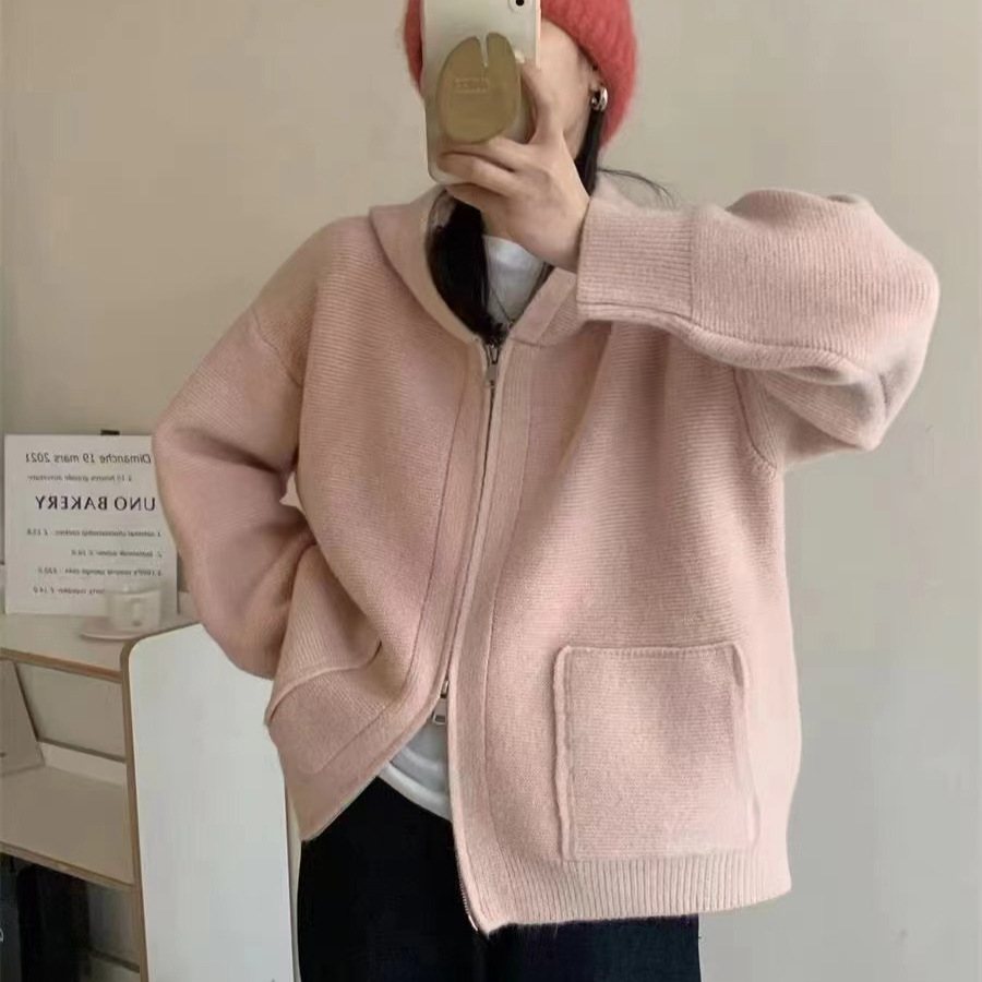 设计感小众连帽毛衣针织开衫2024秋冬新款时尚外搭宽松拉链外套女
