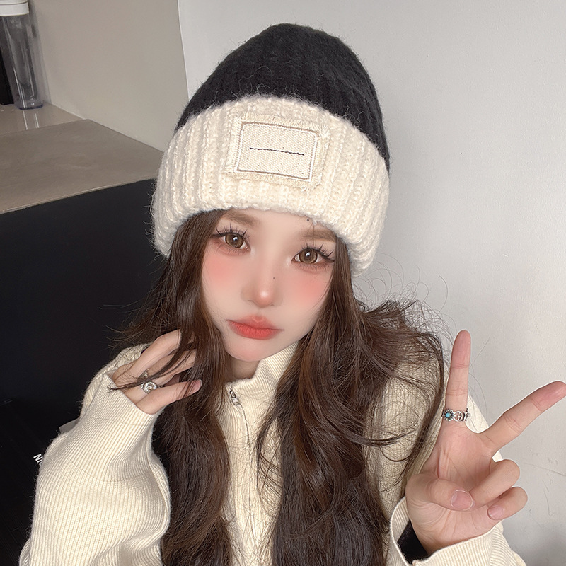 Knitted Hat Women's Autumn and Winter Warm Hat Korean Style Versatile Fashion Sticker Cloth Label Cold-Proof Woolen Cap 2023 New