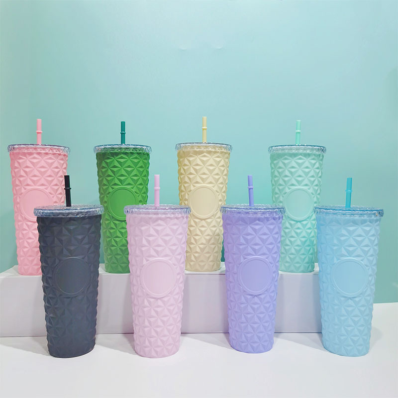 Factory Direct Supply Cross-Border Double Plastic Straw Cup Large Capacity Creative Durian Cup Pure Solid Color Portable Diamond Water Cup