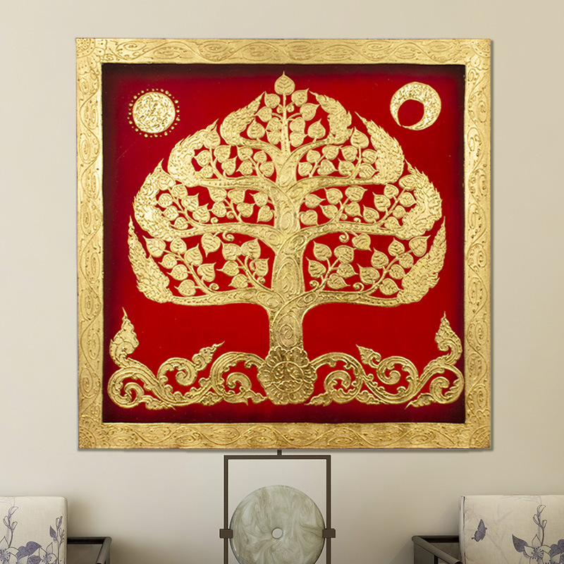 东南亚手绘菩提树壁画 泰国手工金箔画会所酒店玄关装饰油画