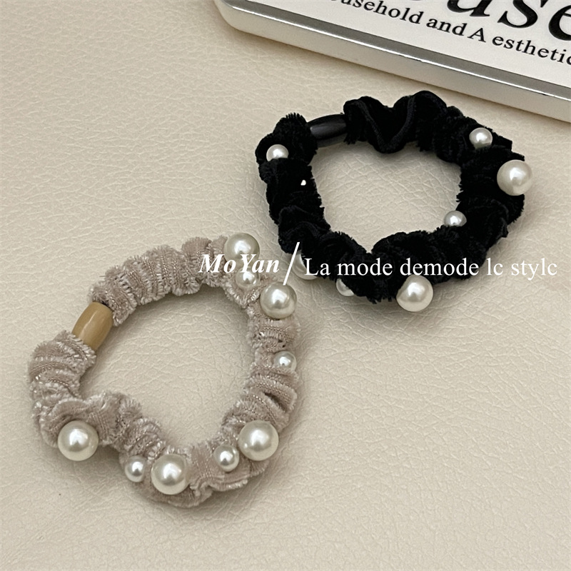 Korean Style Flannel Headband Pearl Small Intestine Hair Band Simple Black Rough Hair Rope Temperament Ponytail Tie-up Hair Rubber Band