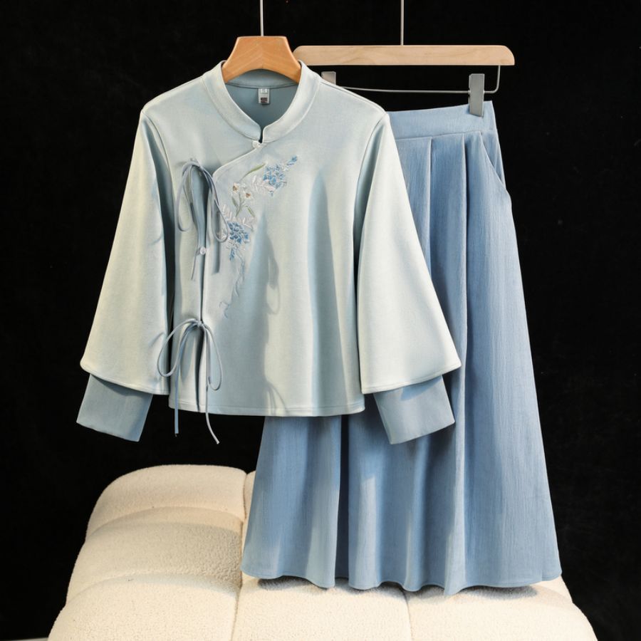 秋冬新中式复古绣花鹿皮绒唐装民国风改良汉服旗袍上衣茶服套装女