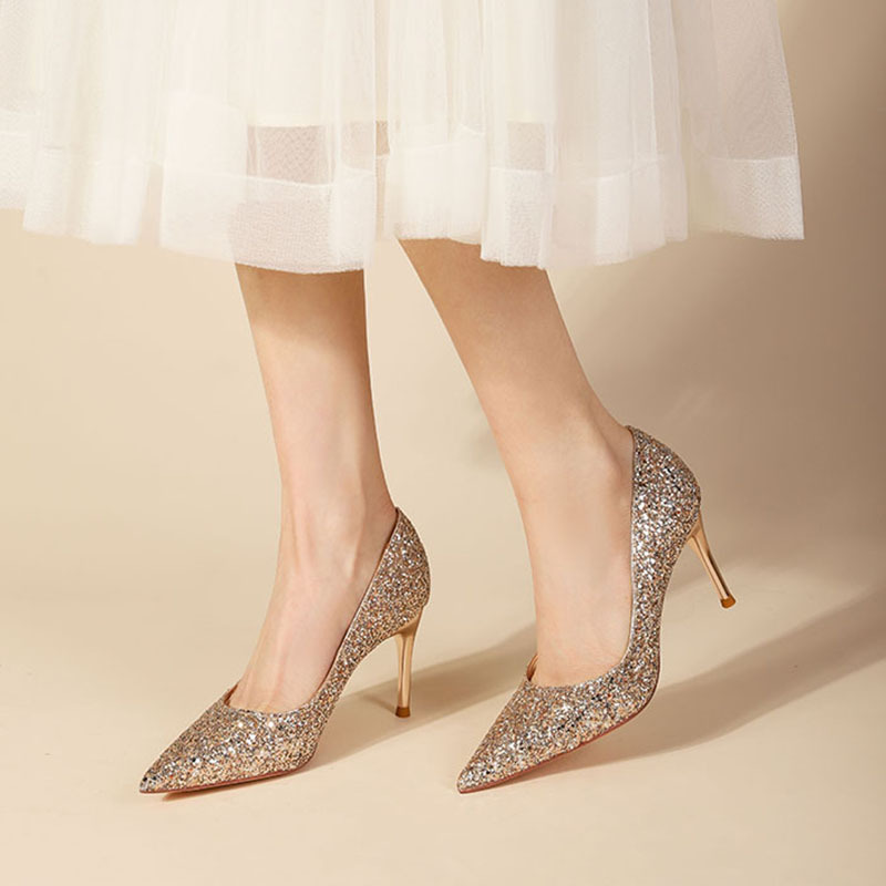 高跟鞋女春夏季浅口时装大码2023新款尖头小香风单鞋金色婚鞋细跟