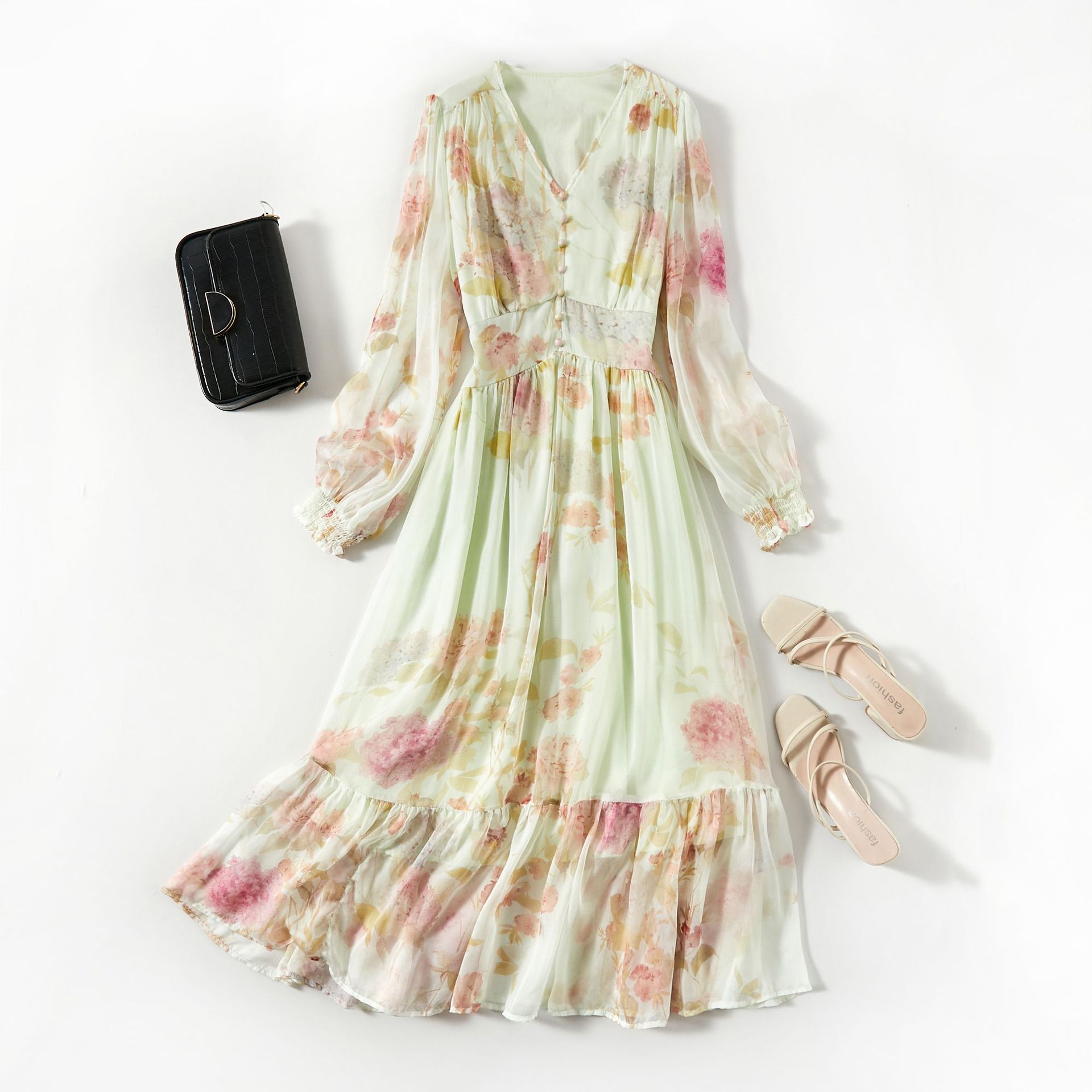 芭碧尔女装真丝连衣裙长袖时尚印花桑蚕丝长裙海边度假旅游81088