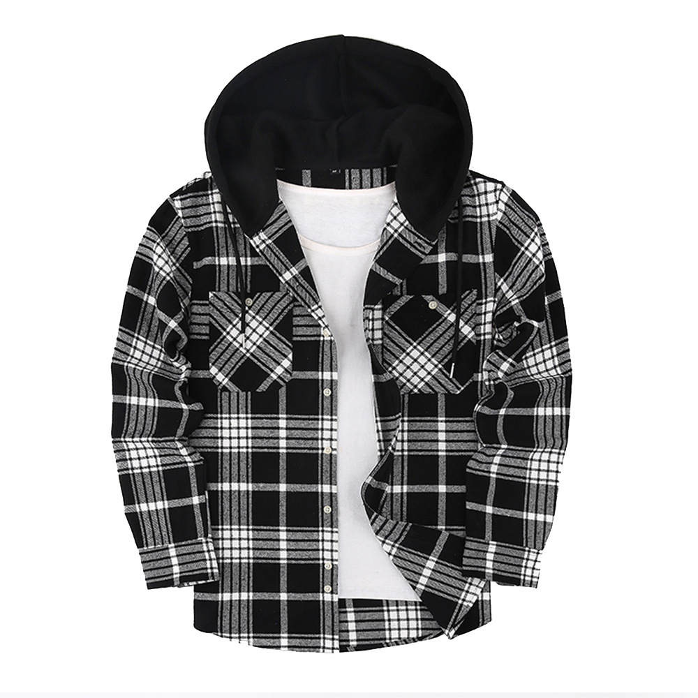 Foreign Trade Spring Hooded Casual Plaid Long Sleeve Men's Shirt Men's Shirt Youth Coat Formal Wear Factory Wholesale