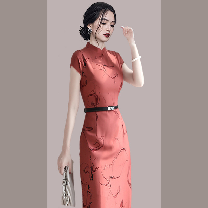 跨境外贸年夏装新品复古洋气减龄显白朱砂红日常旗袍改良连衣裙