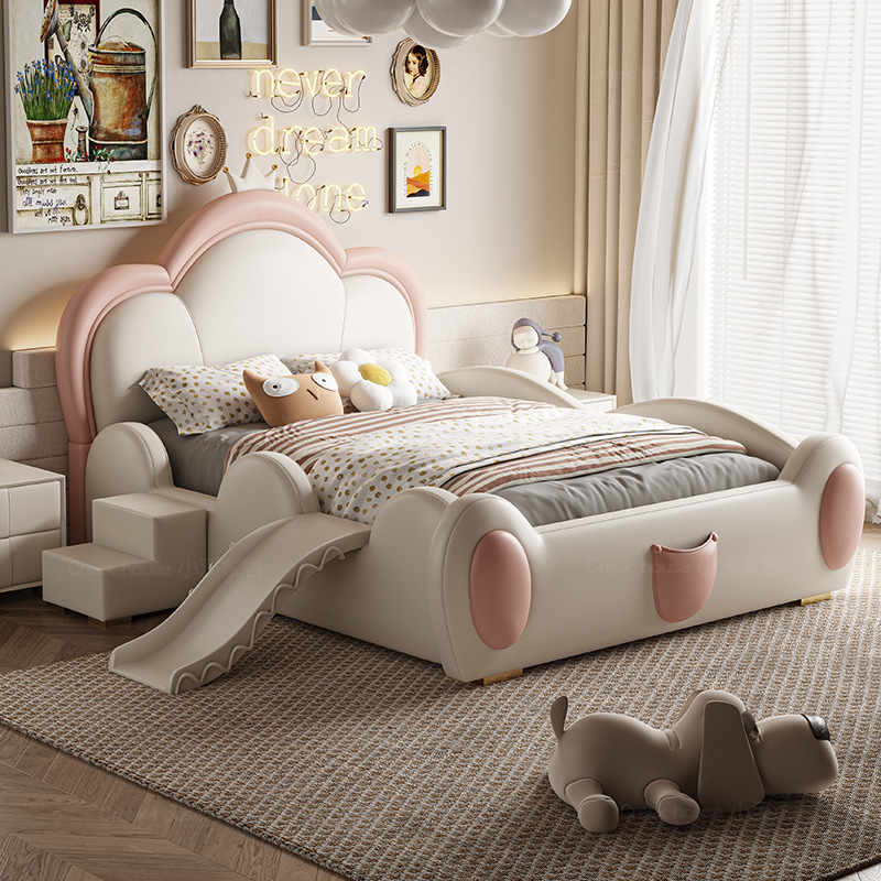 nrfk090#云朵儿童房床女孩带护栏滑滑梯床头软包防摔公主床女生卧