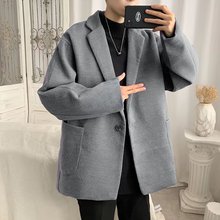 2021秋冬季新款纯色毛呢大衣青少年时尚韩版韩版潮流外套一件代发