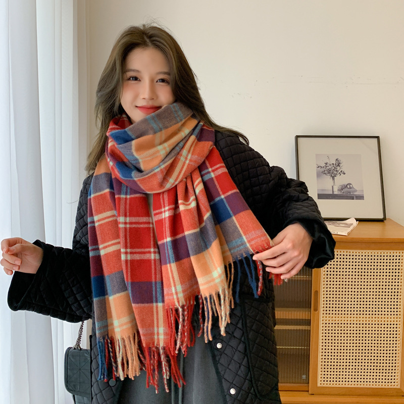 Korean Style Dongdaemun New Rainbow Plaid Scarf Women's Student Travel Cashmere-like Warm Scarf Fashion Shawl