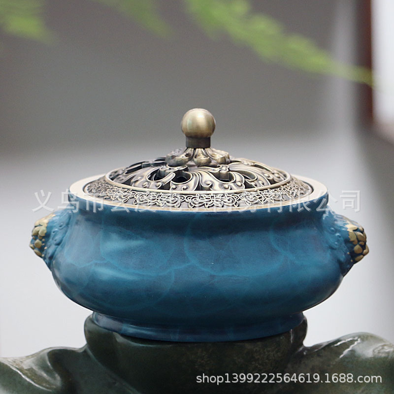 中式古典纯铜宣德炉 禅意双狮耳铜香炉家用居室沉香熏香炉摆件