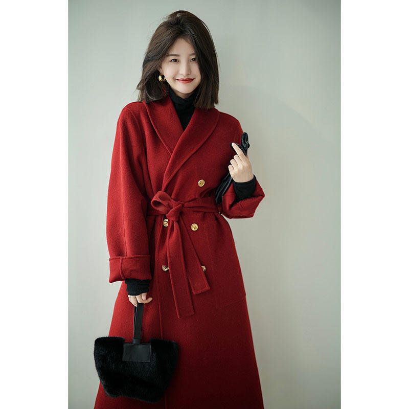 圣诞新年战袍小个子高级感大衣加厚复古红色毛呢子外套女装秋冬季