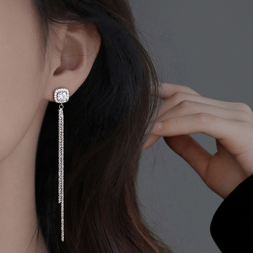 欧美超闪白钻流苏链条耳坠气质个性女夜店蹦迪波光粼粼小方钻耳环