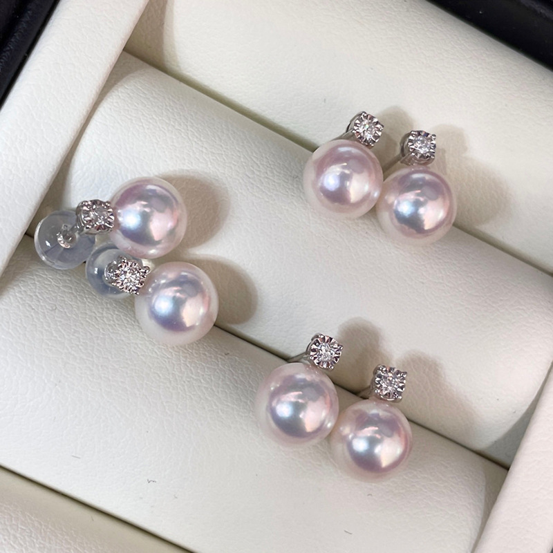 批发天然淡水akoya珍珠耳钉耳饰耳坠耳环7-8mm正圆强光微瑕18k扣