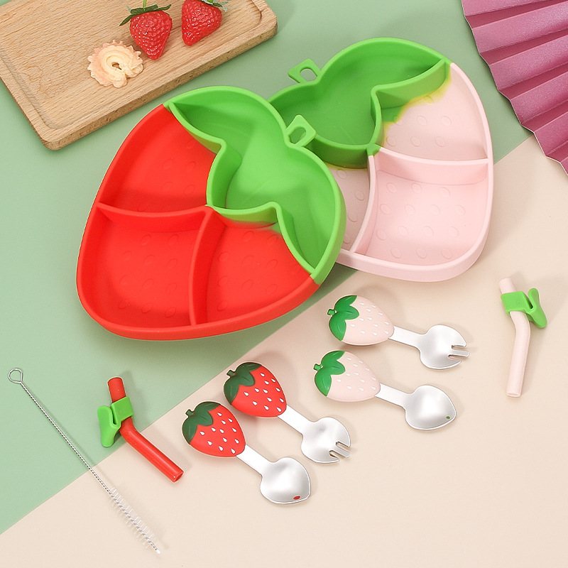 Children‘s Silicone Plate Fruit Series Strawberry Plate Creative Food Supplement Plate with Suction Cup Integrated Plate