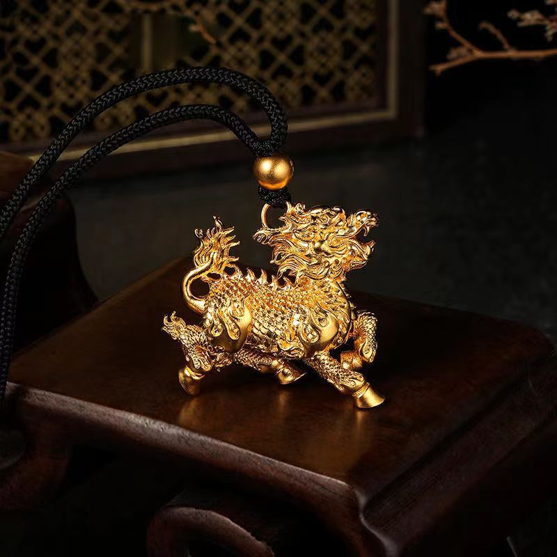 沙金火麒麟吊坠女霸气祥瑞麒麟百福黑绳项链网络直播爆款货源批发