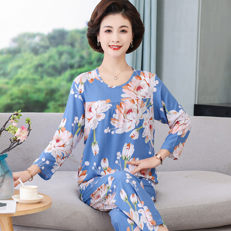 Mom Poplin Pajamas Women's Spring and Autumn Summer Long-Sleeve Two-Piece Set Middle-Aged and Elderly Artificial Cotton Large Size Printed Homewear Women