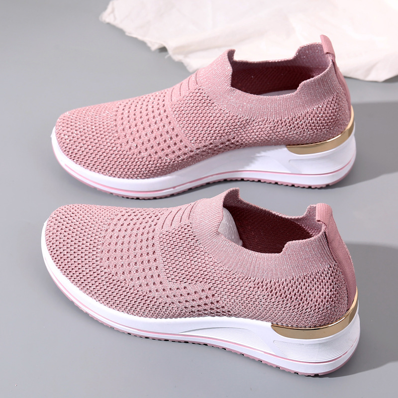 Spring New Sports Shoes Women's All-Match Thick Bottom Breathable Casual Pumps Wedge Women's Shoes Flyknit Mesh Shoes Slip-on