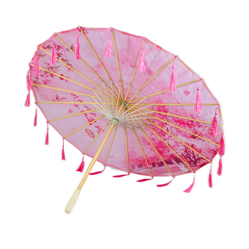 Printed Silk Tassel Umbrella Chinese Style Hanfu Ancient Costume Photography Props Umbrella Classical Oil Paper Umbrella Fairy Sun Protection Tassel Umbrella